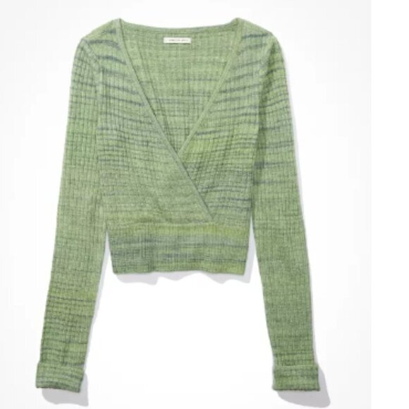 American Eagle Deep V Soft Ribbed Knit Wrap Front Sweater - Medium in Green - Picture 1 of 13
